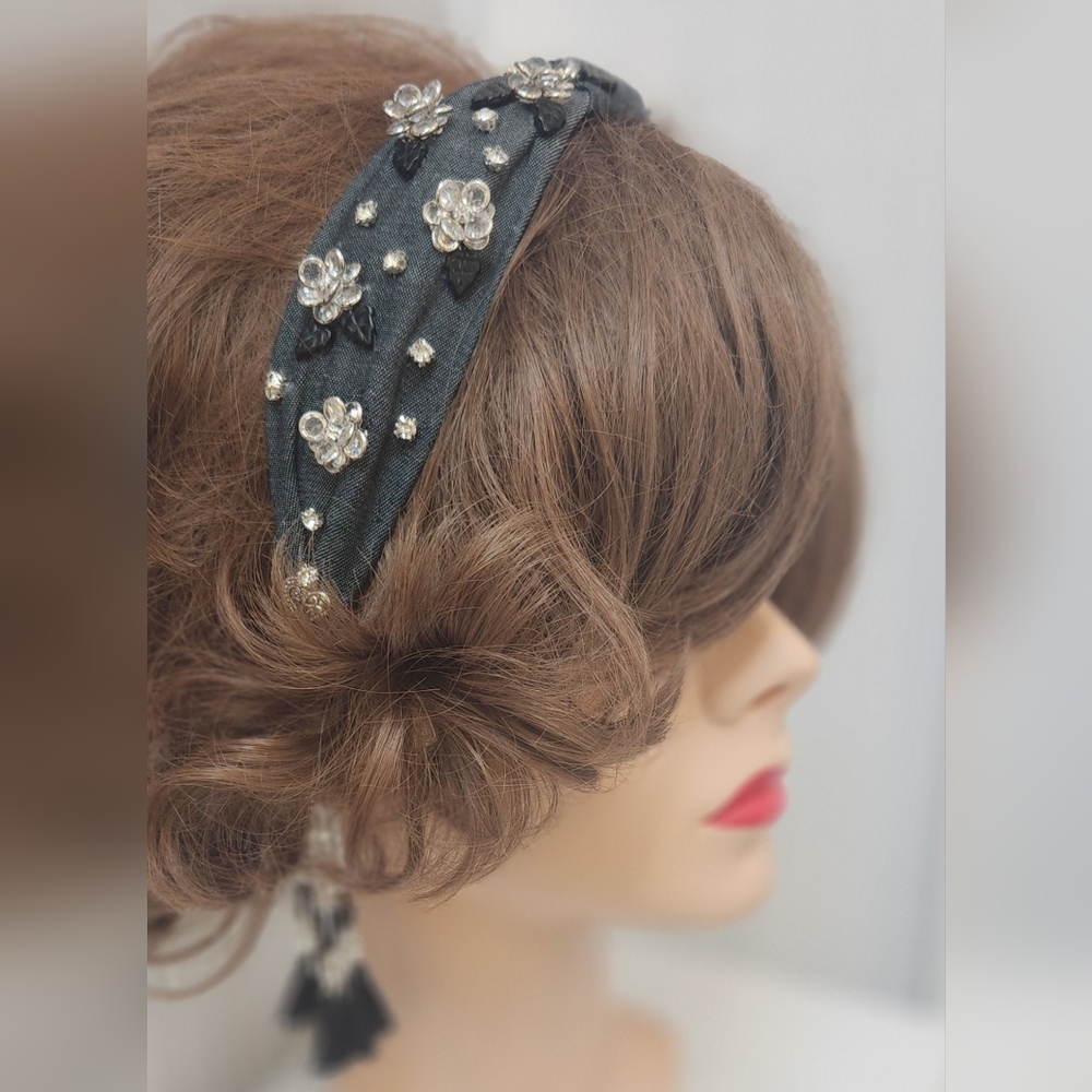 Black Chambray Denim Handbeaded Fashion Headband